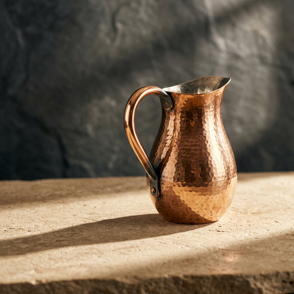 Hammered copper pitcher in warm sunlight